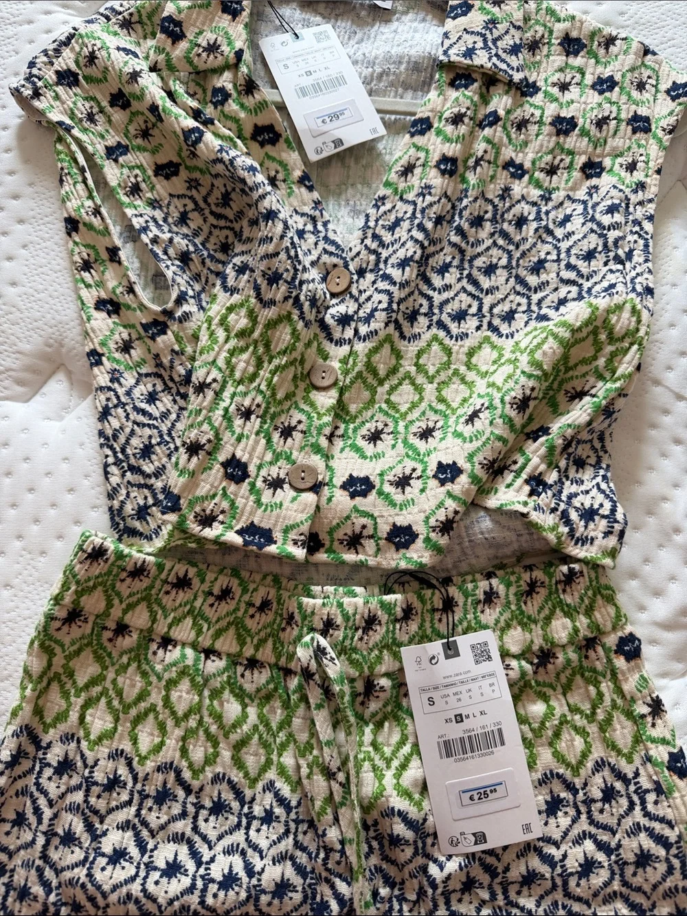 Zara Two-Piece Summer Set Green & Navy Patterned